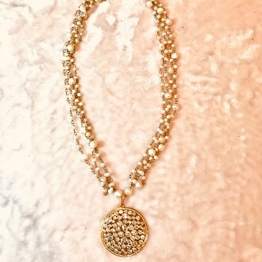 Faux Pearl & Goldtone chain Necklace w/ CZ Pendant